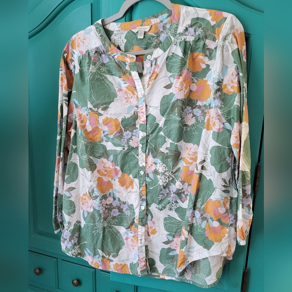 Lucky Brand Green Floral Button-Down Shirt with Orange Accents